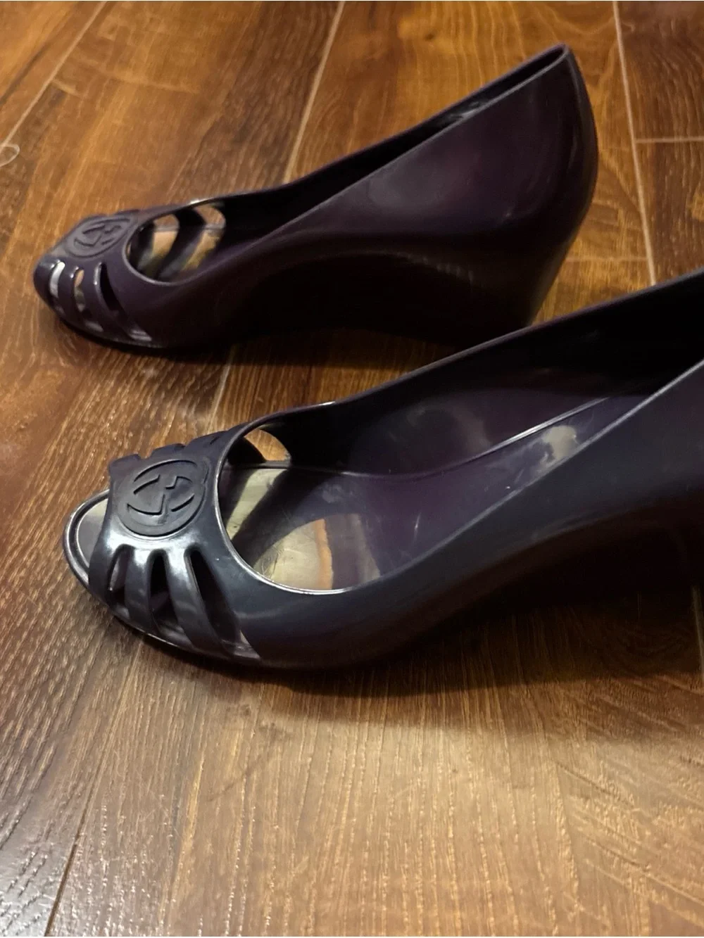 Gucci GG Logo Purple Rubber Slip On Wedge Shoes SZ 6